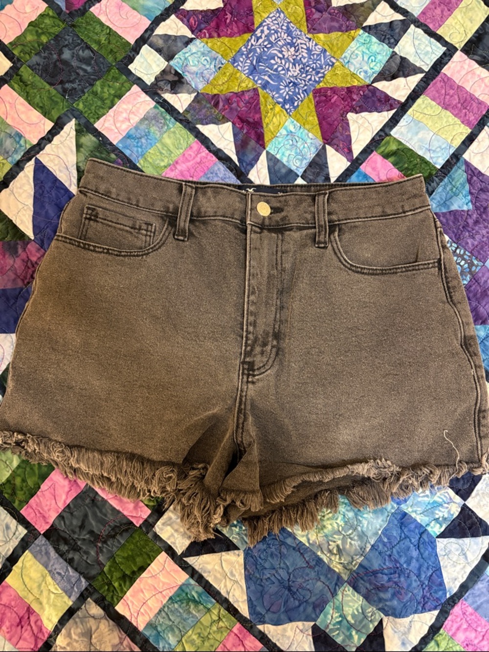 High-Rise Black Frayed Hem Denim Shorts